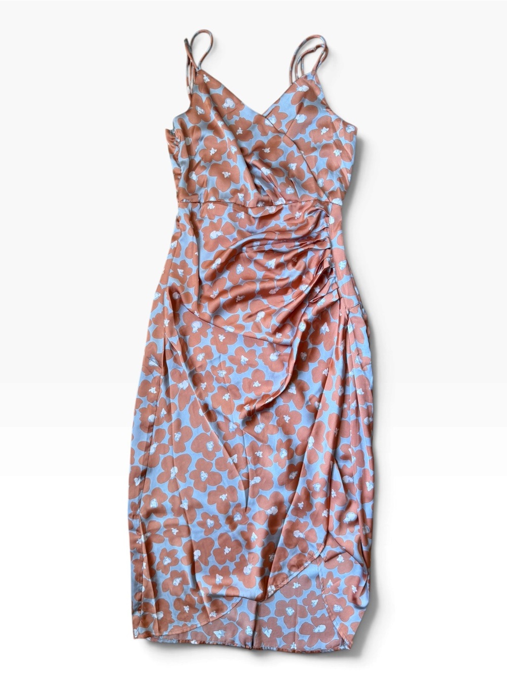 Floral Ruched Satin Slip Dress in Dusty Blue and Orange